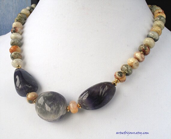 Agate and Amethyst Necklace Crazy Agate Necklace by ArtsEtBijoux