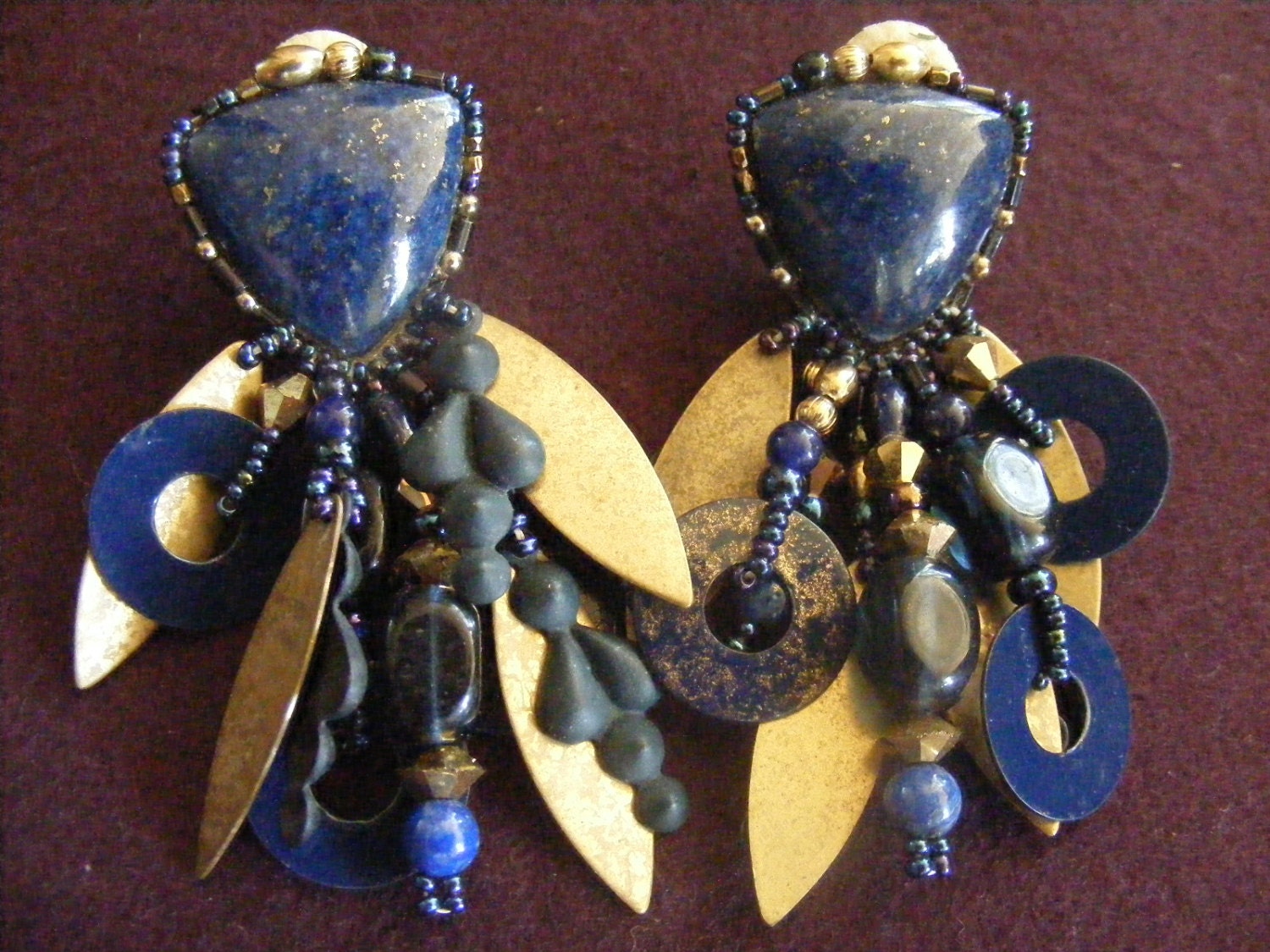 Vintage Blue Lapis CHIPITA Drop Down Dangle Clip On Earrings