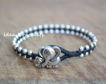 Mother's Day Gift, Elephant Bracelet, Birthday Gift, Mother Daughter Bracelet, Gift For Mom, Animal Jewelry, Silver Beaded Bracelet - Black