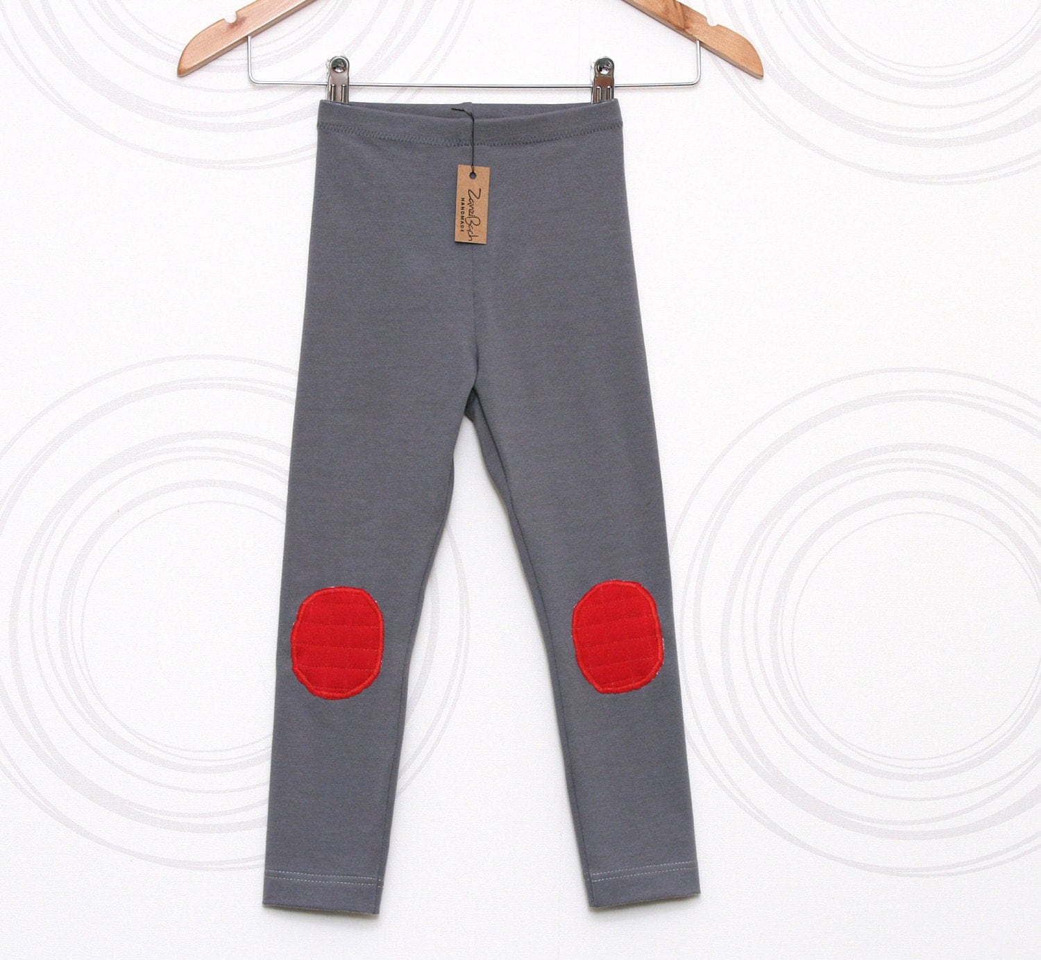 Grey toddler leggings with red knee pads kids cotton by ZanziBach