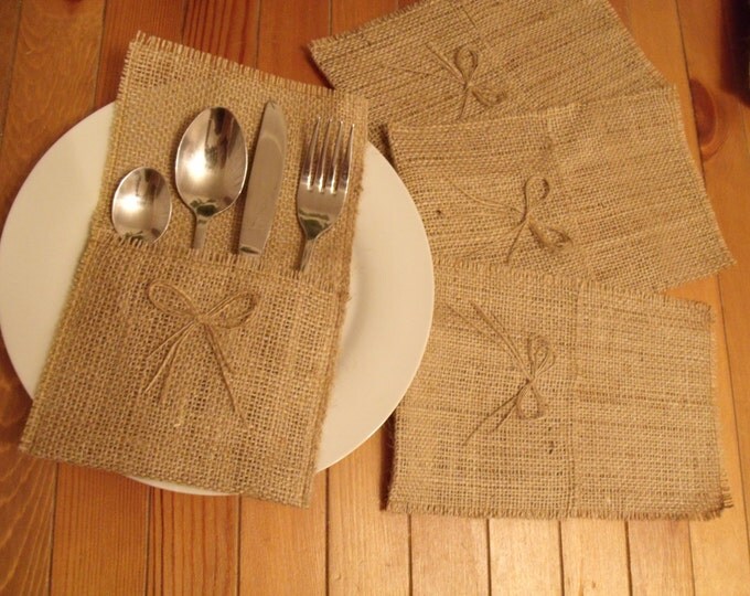 Burlap Silverware Holders with one bow , Rustic Wedding,Set of 70