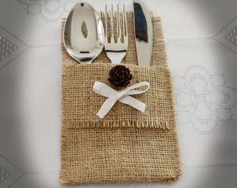 Burlap Silverware Holders, Flatware Holder, Pine Cone Decoration - SET OF 15