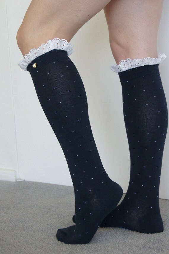 Navy Blue High Knee Socks Trim Embroidery White Lace and
