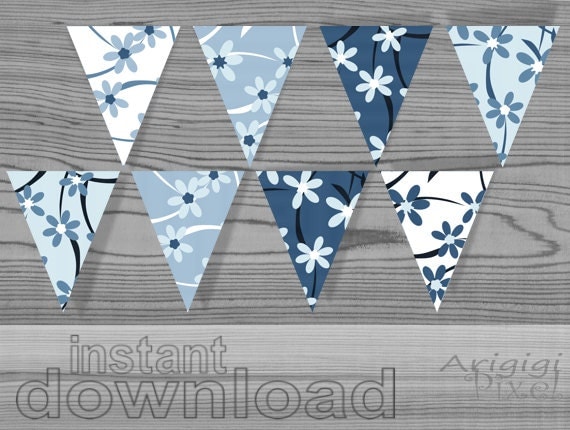 blue printable party banner, flowers pattern, download immediately, PDF files for home printing Il_570xn