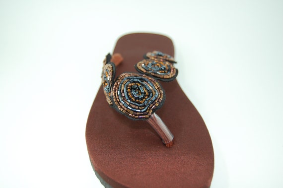 Brown silk beaded flip flops SIZE 9 ONLY by aprilsunrises on Etsy