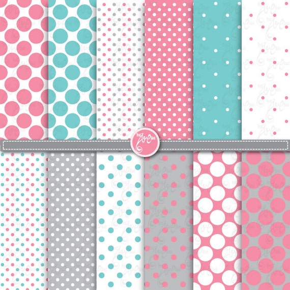 polka dot digital paper pack ,pink aqua blue grey digital paper Clip Art Printable for Scrapbooking, Cards, Party paper ,Invitations Dp046 Il_570xn