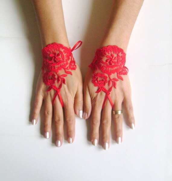 Call to love: red rose lace gloves fingerless glove free ship