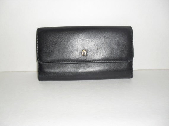 Items similar to 80's Etienne Aigner Black Leather TriFold Checkbook ...