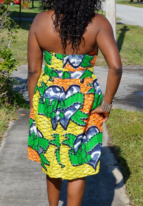 Strapless Green And Orange African Print Dress Green Short