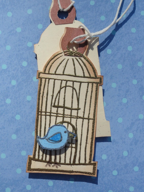 Bird Cage Tag Gift Tag Bird on Cage Blue Bird