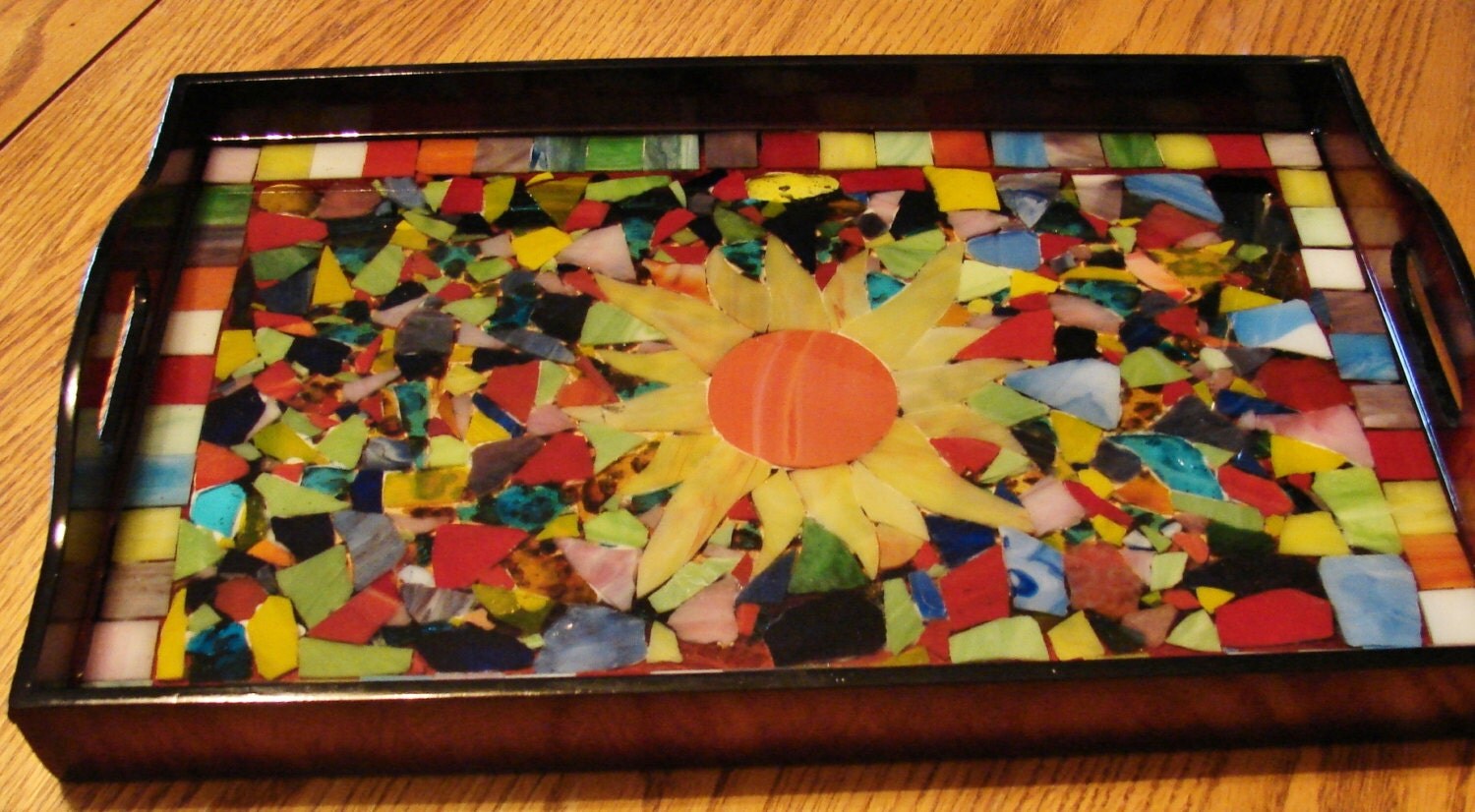 Mosaic Stained Glass Serving Tray with Bright Colors and Sunny