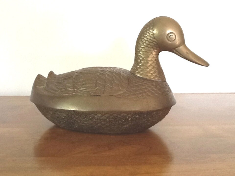 Vintage Brass Duck Dish Lidded Bowl Leonard Solid Brass