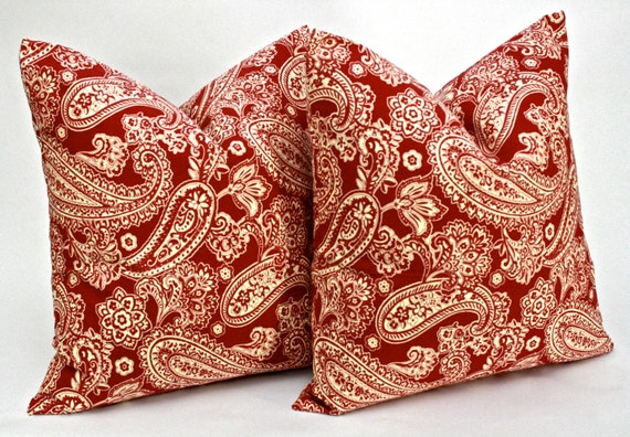 Items similar to Brick Red and Tan Paisley Pillow Covers 20 x 20 inches Decorative Throw Pillows ...