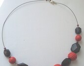 Handmade Beaded Necklace - Black And Red Stained Wood Beads