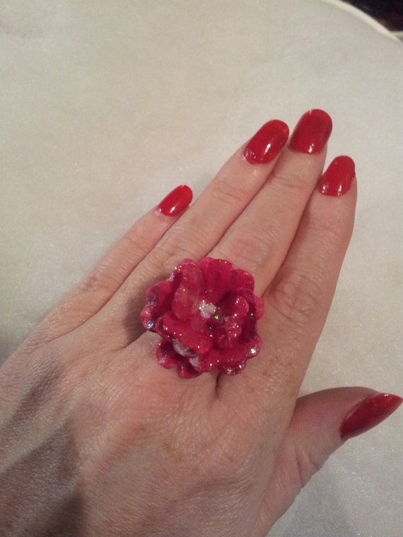 Handmade Gorgeous Melt Pot Resin Deep Cerise Pink Flower Ring - With Adjustable Shank