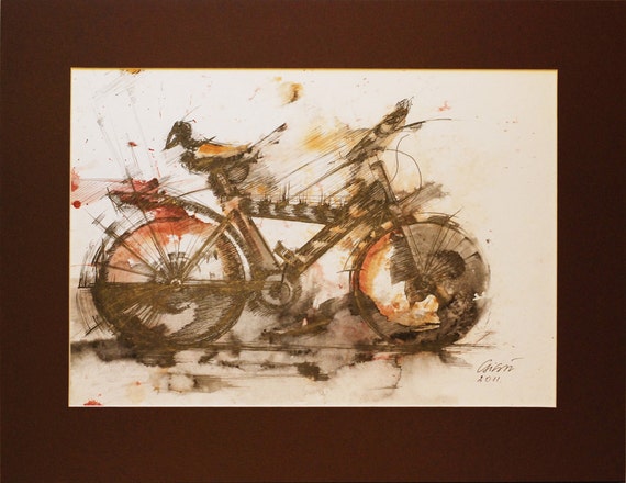 ORIGINAL Watercolor Modern Ink Drawing Not a print Graphic Wall Art Birds Bicycle Red