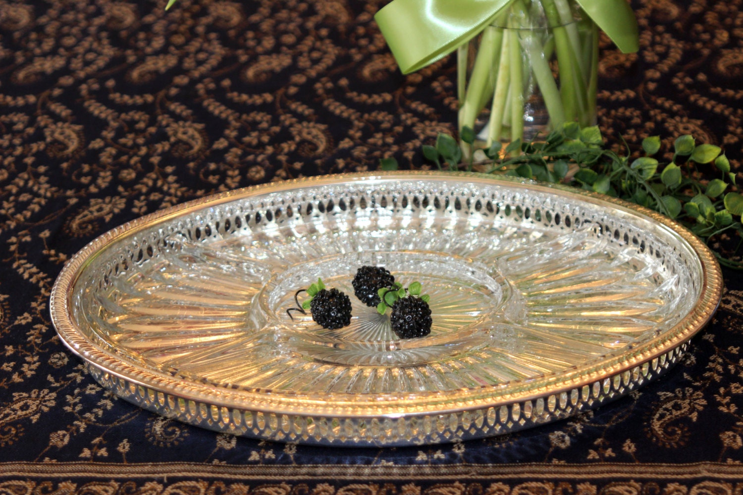 Sheffield Oval Silver Plate Serving Tray Crystal Divided Insert