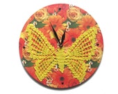 Wall Clock Yellow Butterfly, unique wall clock, kids wall clocks, crochet wall clock, clock with butterfly, kitchen wall clock, orange clock