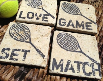 Tennis Love, GAME, SET, MATCH Natural Stone Coaster Collection (4), Beer Coaster, Drink Coaster, Tennis Racket
