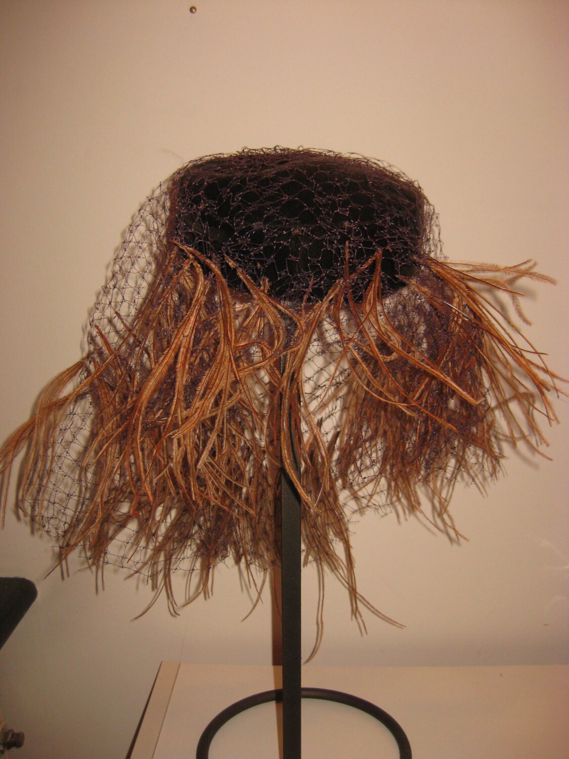 Women’s Feather and Veil Hat Italian 1960’s Brown Velvet