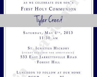 15 printed cards 1st Communion Invitation Boy Navy, Charcoal with Simple Cross