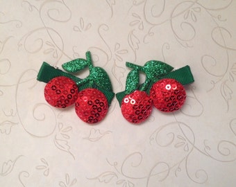 Red Sequin Cherry Hair Clips TWO-Infant,Baby,Toddle,Girl-Baby Girl Green,Red Hair Clips- Non Slip Grip- BL109