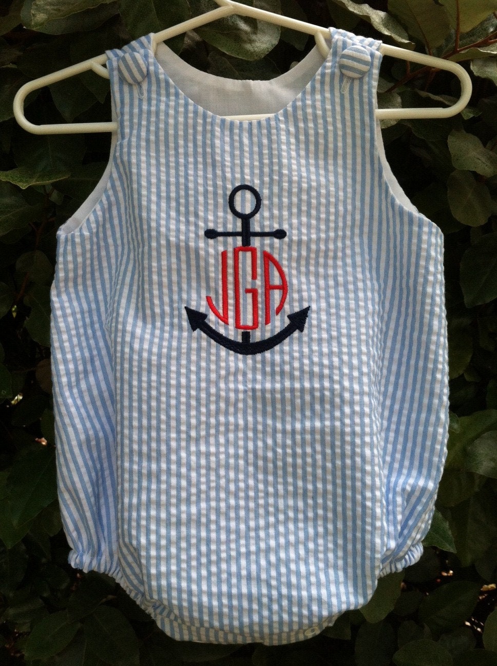 Blue And White Seersucker Monogrammed Baby Boys Bubble Anchor