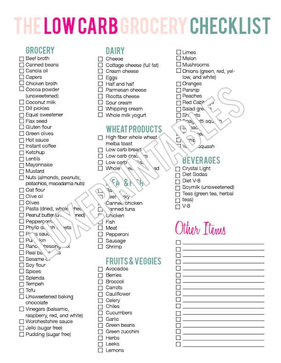 Items similar to Low Carb Diet Grocery Shopping Checklist 