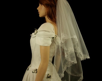 Bridal Veil with Embroidery - Lana Wedding Veil-Veil with Two Layers-Lace Veil-Cascade Veil