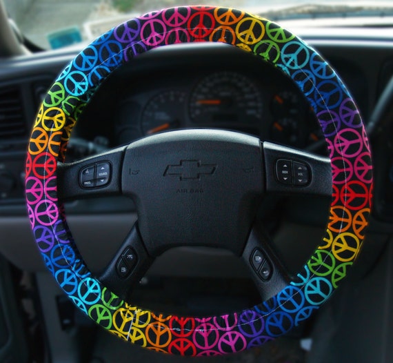 Custom Steering Wheel Cover In Bright Rainbow Peace Sign Print ...