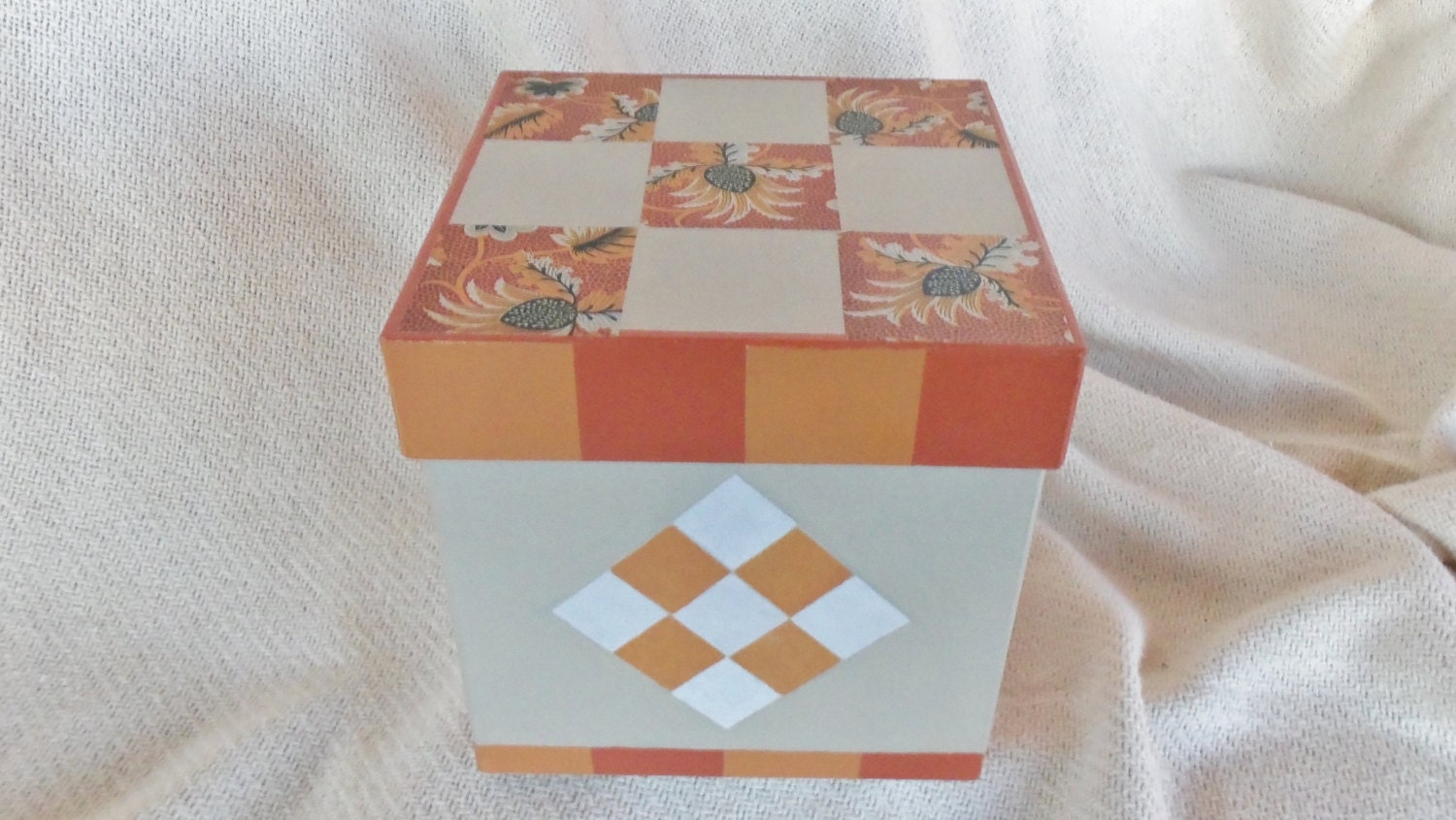 Quilt Decoupage Storage or Gift Box 7x7x7 In. Paper Mache