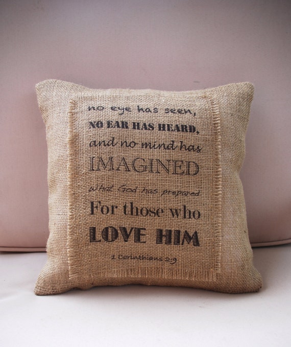 1 Corinthians 29 Burlap Pillow Inspirational by HowardInteriors