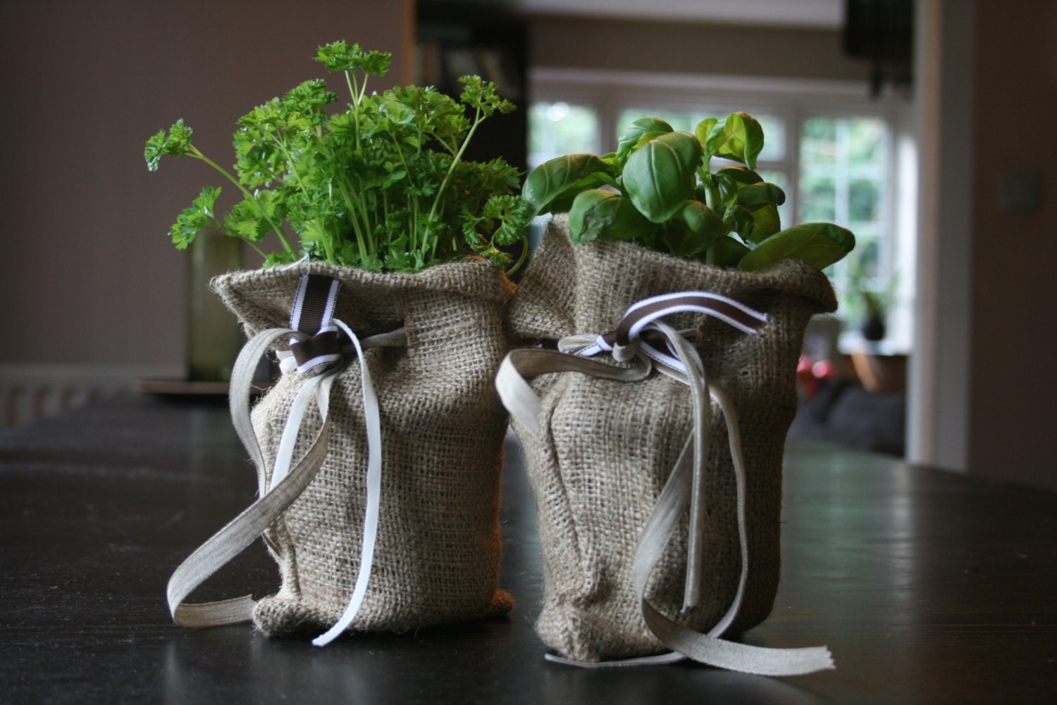 Hessian sacking plant herb pot  covers  with velvet linen and