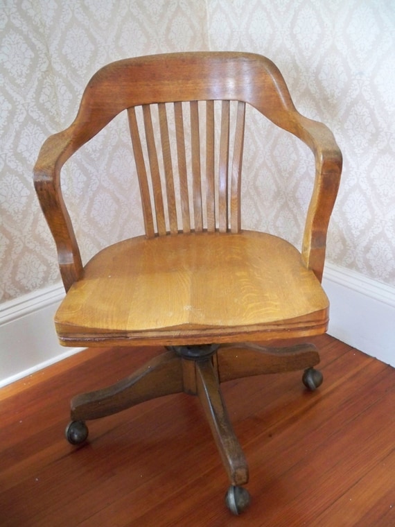 Vintage Solid Oak American Banker's Chair: C-1940s