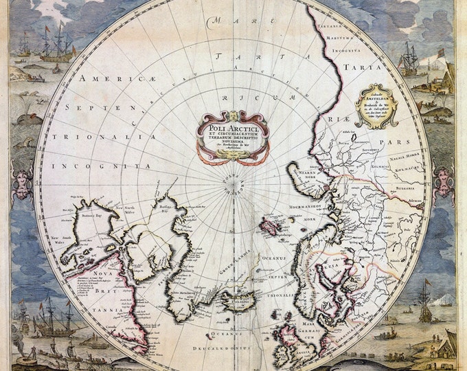 Huge Vintage historic old world map of arctic north pole Frederick de Wit style fine art print poster