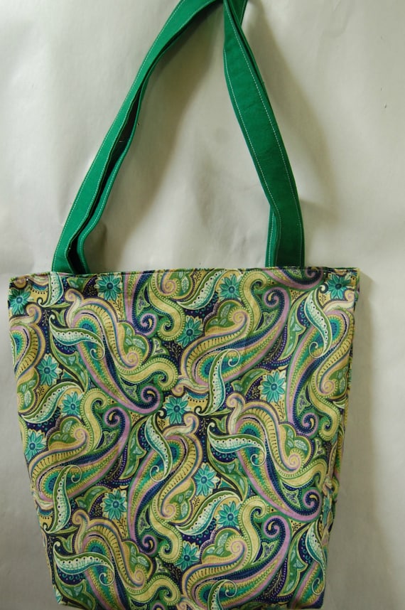 Reversible Cotton Tote Green Purple Paisley Portion of Proceeds to Charity