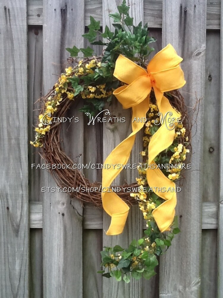 Grapevine Wreath with Yellow Silk Flowers Ivy by Cindyswreathsand