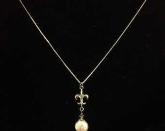 Sterling Silver Fleur de Lis Coin Pearl Necklace