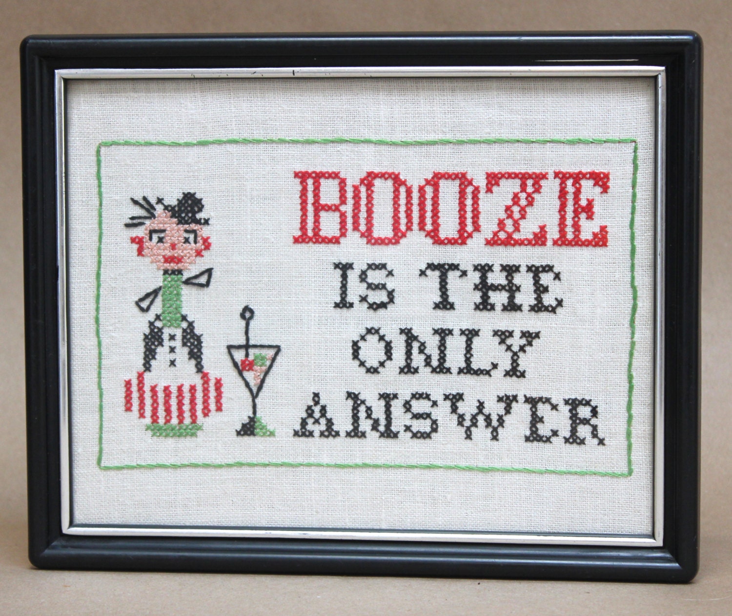 Vintage Bar Sign Hand Embroidered 'Booze Is The by TheMensShoppe