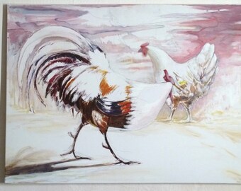 Acrylic painting, Original, Courting Cock and Hen, Realistic painting, Rooster, Court yard art, Farm art, Rustic art, OOAK, by Cosé Manzano