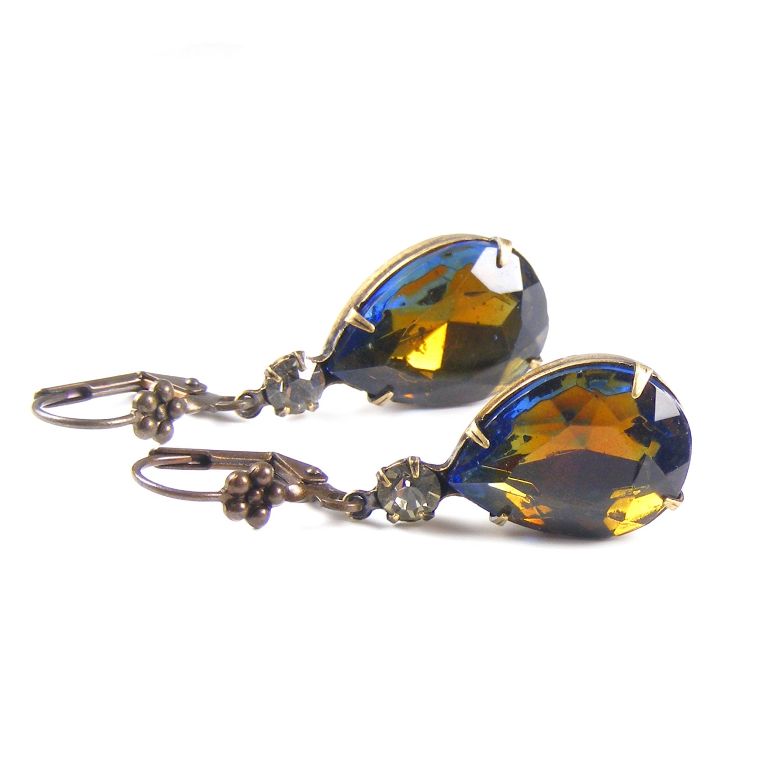 Blue & Topaz Vintage Crystal Pear Drop Earrings Inspired by Downton Abbey, Vintage Style Rhinestone Jewelry