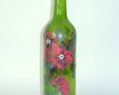 Hand Painted Upcycled Green Wine Bottle, Red Black Flowers Olive Oil Bottle Original Art Design, Bath Oil Hostess Gift vinegar oil bottle