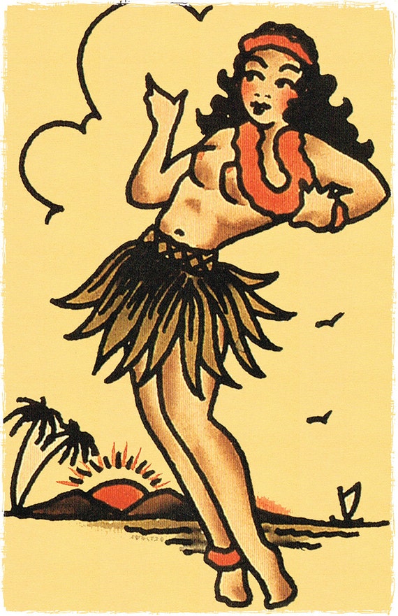 11 X 17 Toppless Pin Up Hula Girl Sailor Jerry Style Flash