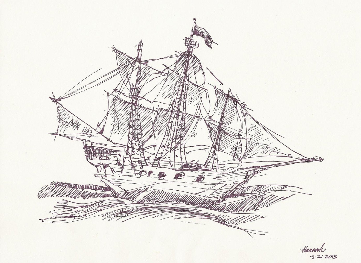 Original Ink Drawing Sailing Ship/Pirate Ship