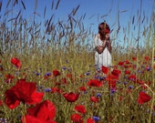 Poppy Field Happiness - Whimsical Photograph of Girl in Flower Field 4x6