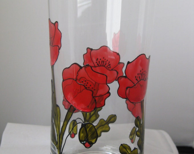 Hand painted glass vase with poppy design