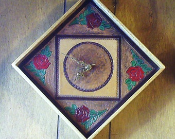 Carved leather rose clock. Free shipping.