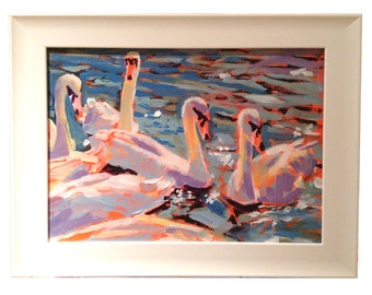 A Impressionist oil painting of swans feeding