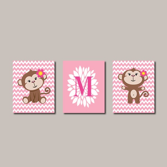 Items similar to Pink Girl Monkey Set of 3 Prints Chevron Monogram