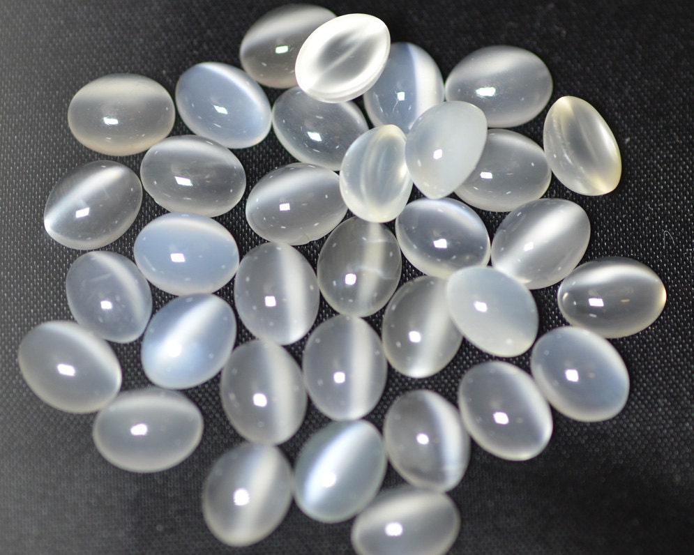 White Cat's Eye Moonstone 9X7mm Cabochons 4 Pieces